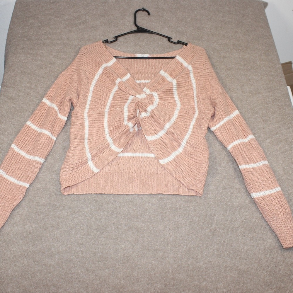 FCT With Love Peach Pink White Striped Twist Front Cropped Sweater Large